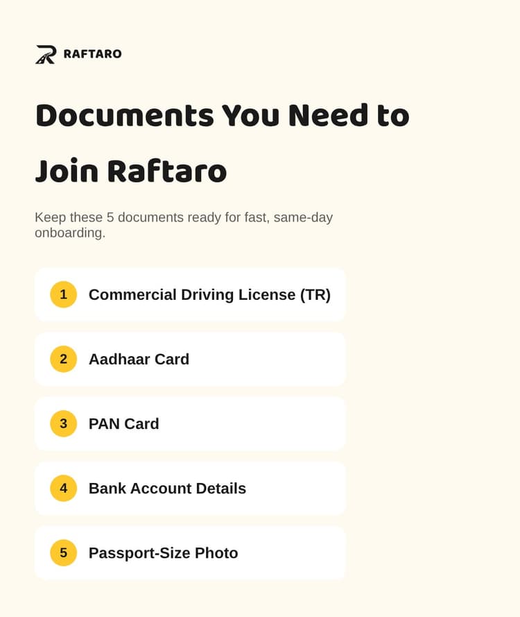 Documents required for Raftaro driver job in Mumbai — commercial license, Aadhaar, PAN, bank account, photo