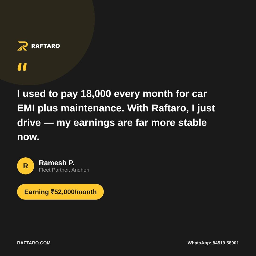 Raftaro driver success story poster — Ramesh P., fleet partner in Andheri, earning ₹52,000 per month
