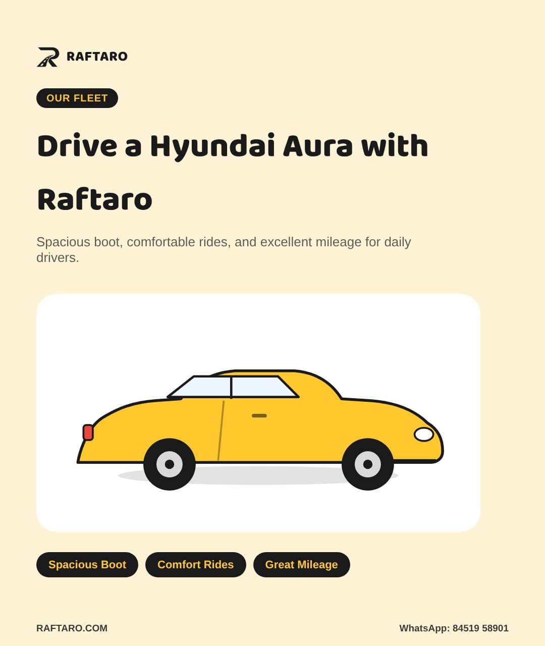 Hyundai Aura driver job in Mumbai poster — spacious sedan, company car, Raftaro fleet