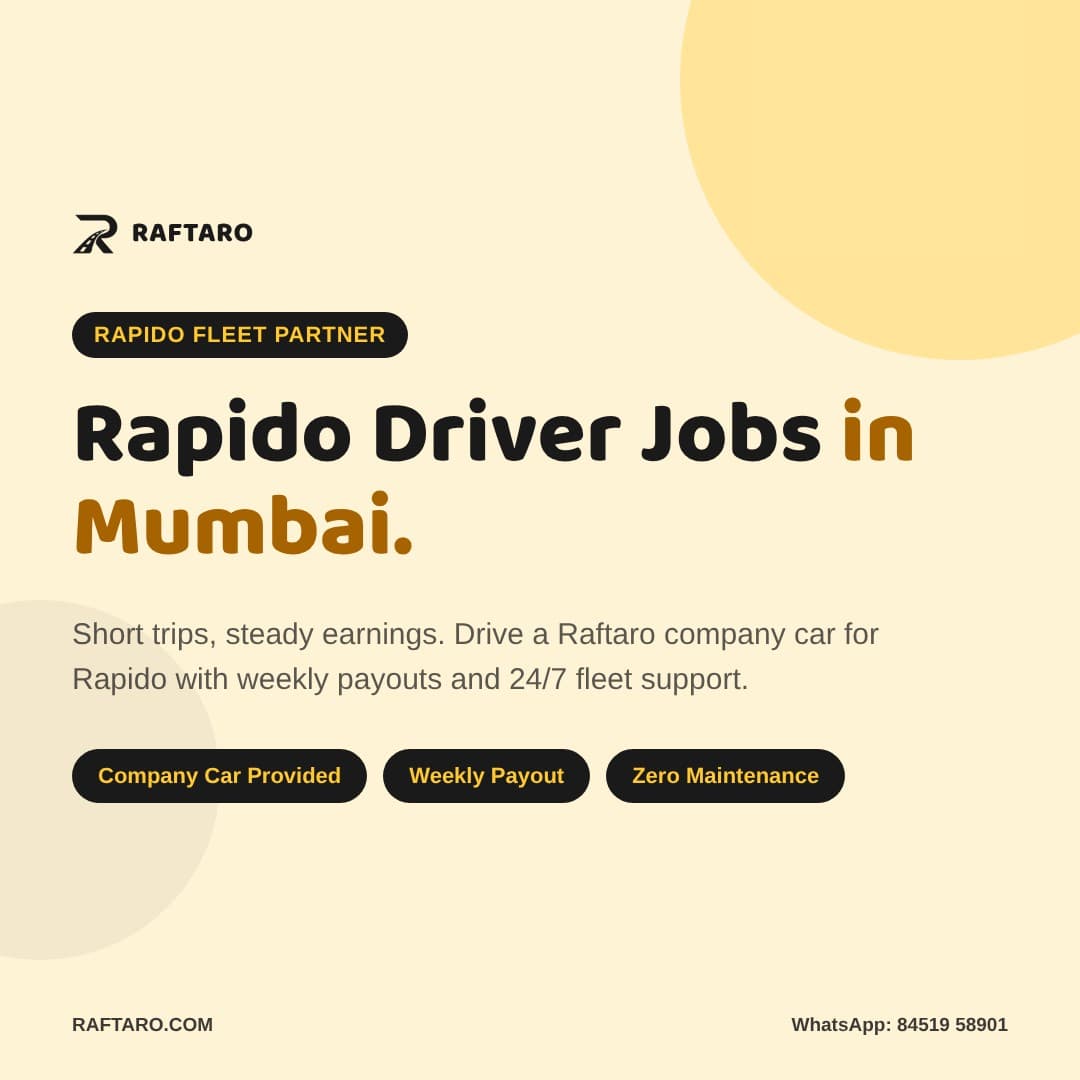 Rapido driver jobs in Mumbai poster — company car provided, weekly payout, zero maintenance